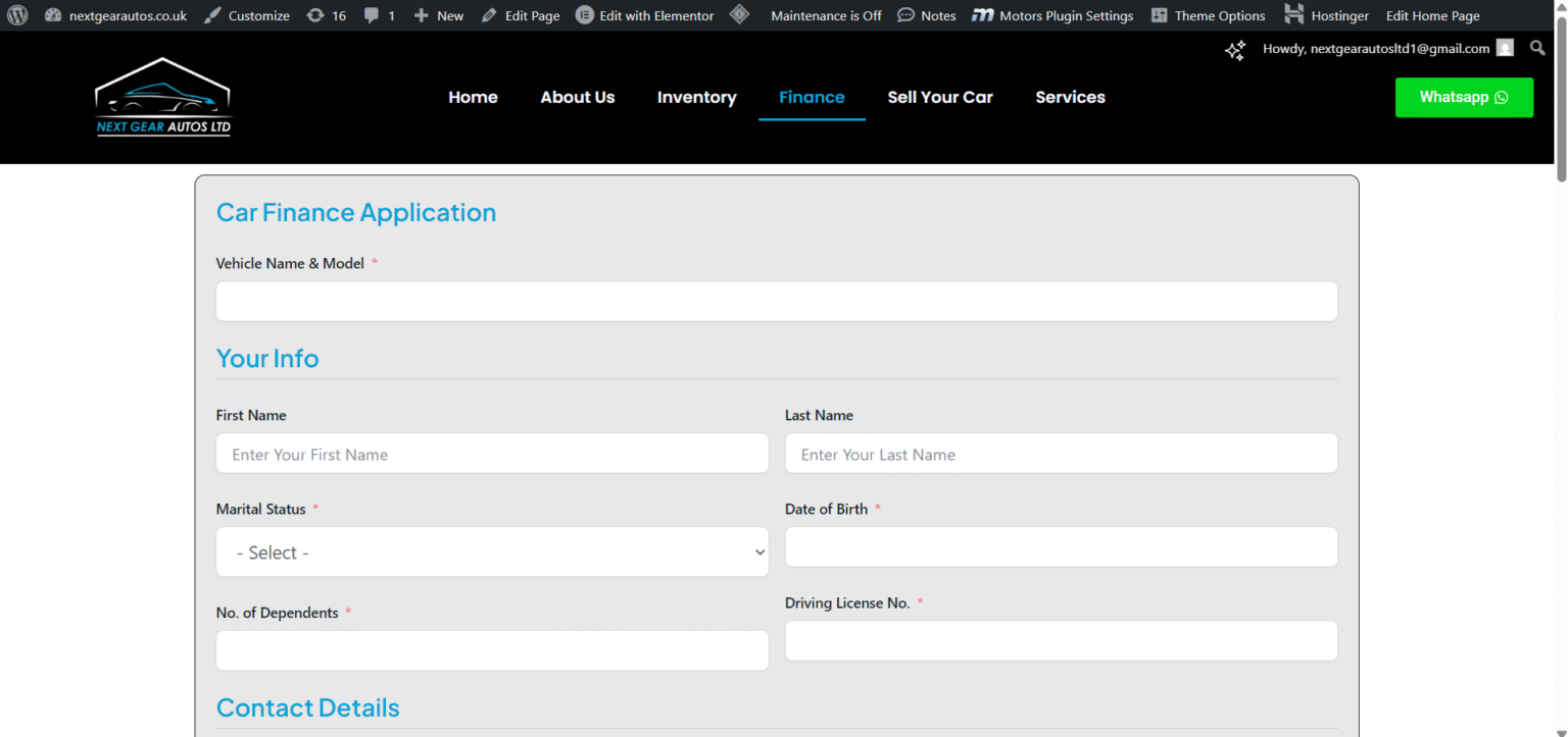 Next Gear Autos Ltd Website Car Finance Page