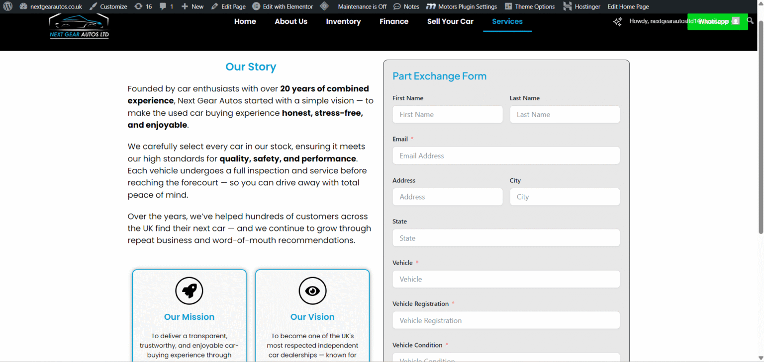 Next Gear Autos Ltd Website Part Exchange Page