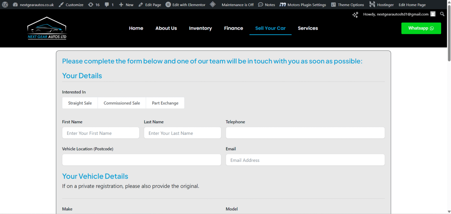 Next Gear Autos Ltd Website Sell Your Car Page