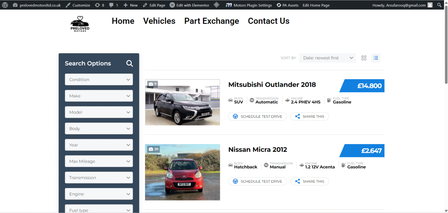 Preloved Motors Website Vehicles Page
