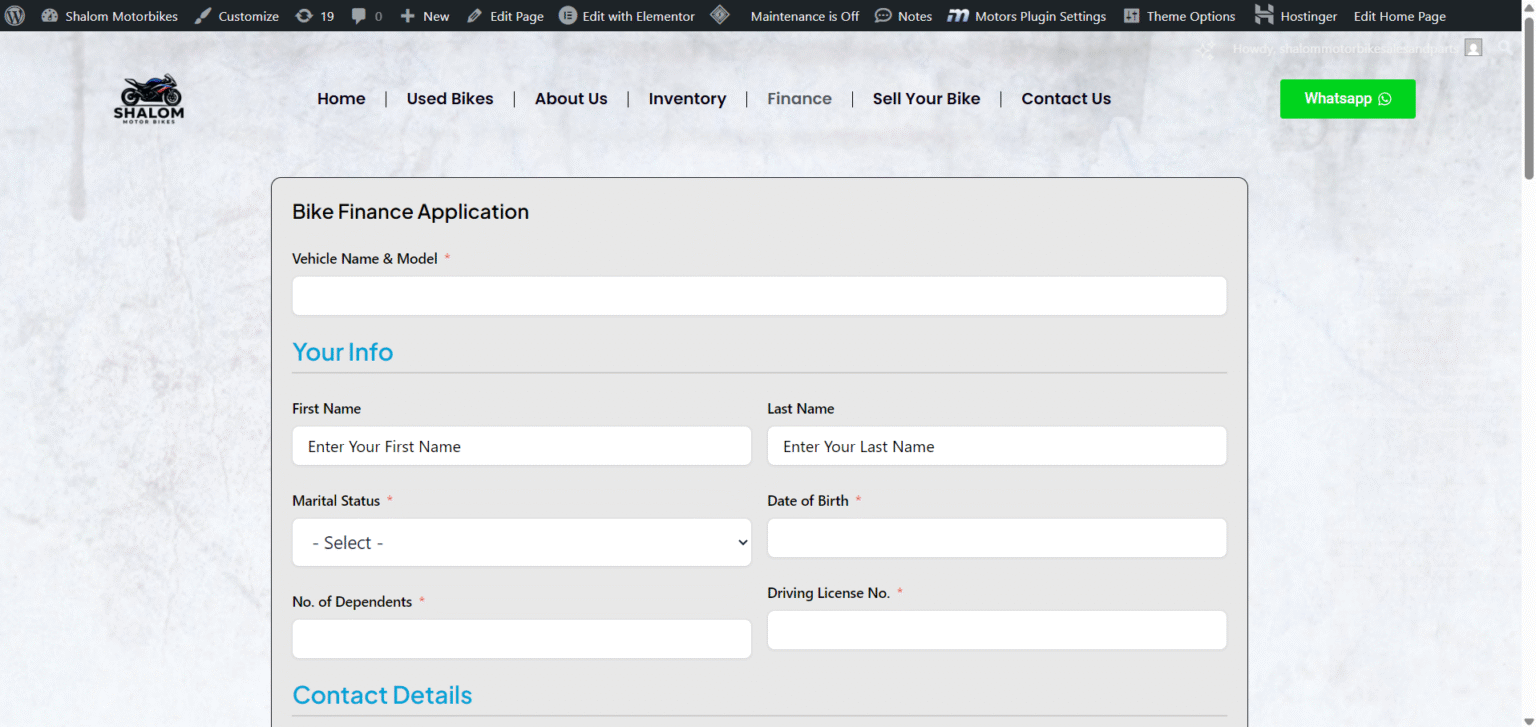 Shalom Motor Bikes Website Finance Page