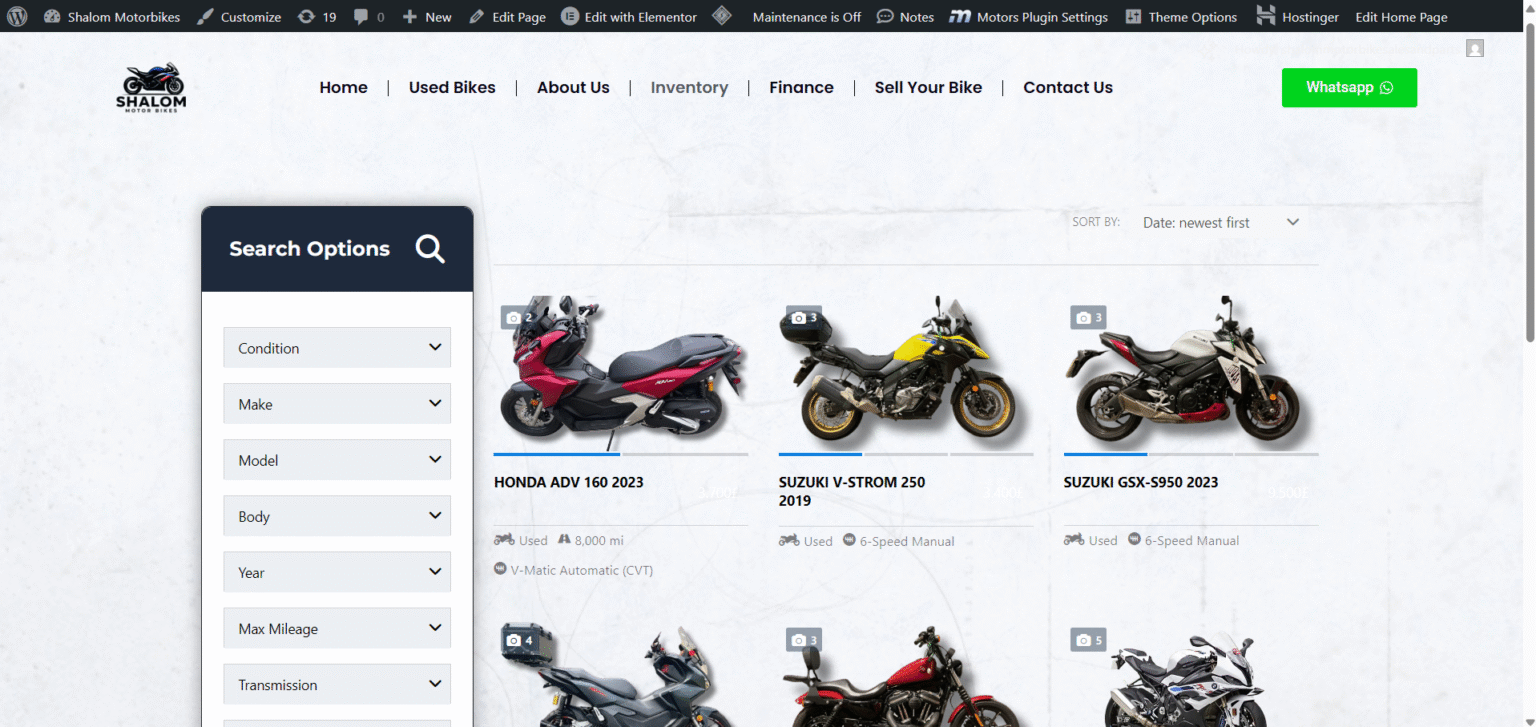 Shalom Motor Bikes Website Inventory Page