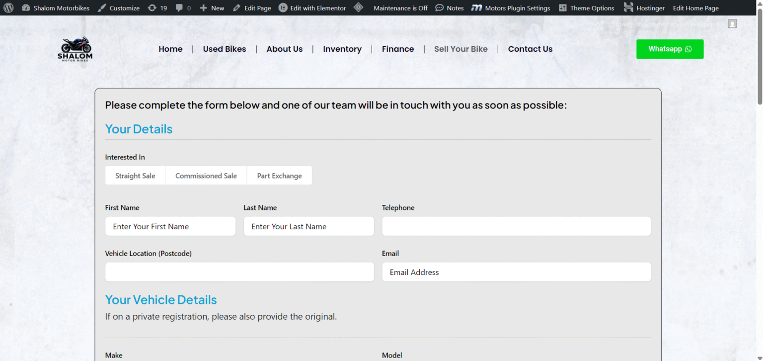 Shalom Motor Bikes Website Sell Your Bike Page