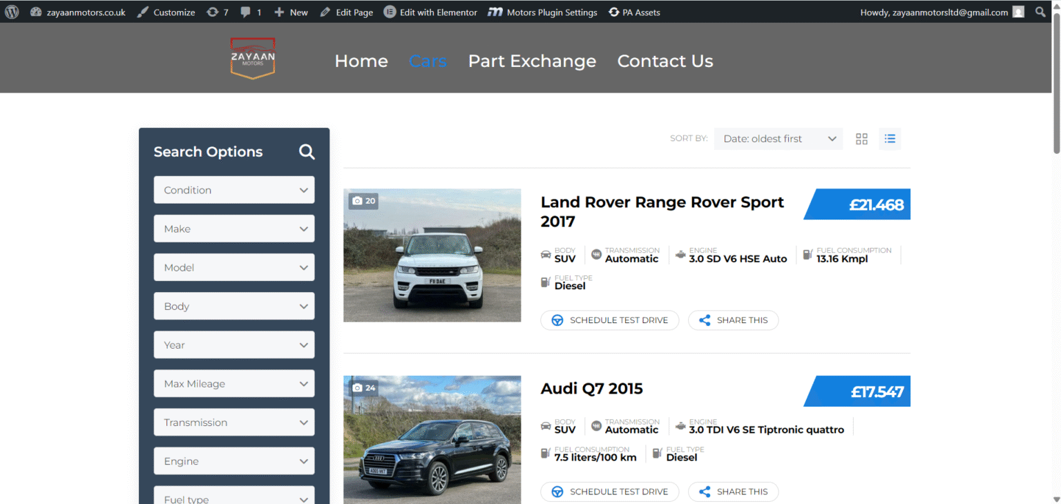 Zayaan Motors Ltd Website Cars Page